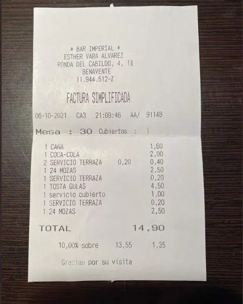 Factura del restaurante